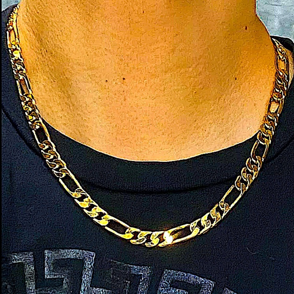 18K GOLD PLATED CUBAN FIGARO CHAIN LINK UNISEX NECKLACE BRACELET SET - Picture 8 of 14